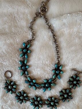 Turquoise Floral Statement Necklace and Bracelet Set in Sterling 925 silver